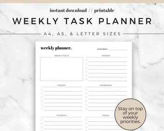 Minimal Weekly Task Planner | Weekly Planner | To-Do List | Planner Insert | A4, A5 and Letter sizes | Instant Download