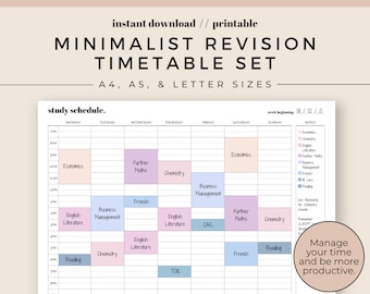 Minimalist Revision Timetable Printable Set | Study Schedule | Weekly Timetable | Hourly Agenda | A4, A5 and Letter sizes | Instant Download