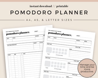 Pomodoro Technique Planner Printable | Study Session Planner | Time Tracker | Time Management | A4, A5 and Letter sizes | Instant Download