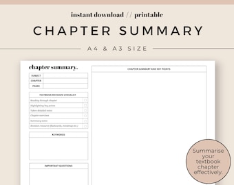 Chapter Summary Sheet for Students | Summary and Revision | Revision Sheet | Planner Insert | A4 and A3 size | Instant Download