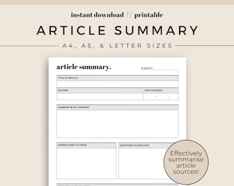 Article Summary Printable for Students | Research Paper | College Student | Project Planner | A4, A5, Letter Sizes | Instant Download