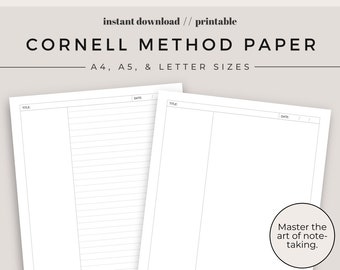 Cornell Notizpapier Printable Pack | Studenten Printables | Cornell Papier | Notizpapier | A4, A5 und Letter Größen | Sofort Download