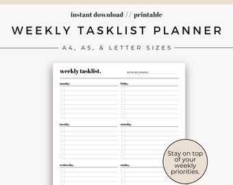 Weekly Tasklist Planner Printable | Weekly Planner | To-Do List | Planner Insert | A4, A5 and Letter sizes | Instant Download