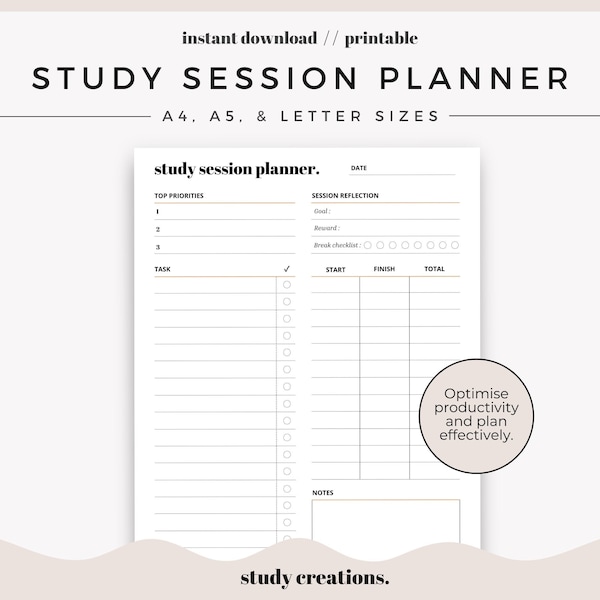 Study Session Planner Printable | Study Planner | Student Organiser | Time-Management | Insert | A4, A5 and Letter Sizes | Instant Download