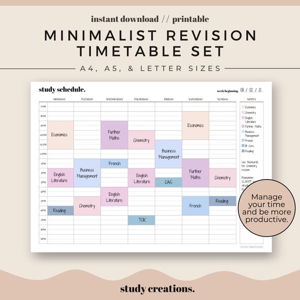 Minimalist Revision Timetable Printable Set | Studienplan | Wochenplan | Stundenplan | A4, A5 und Letter Größen | Sofort Download