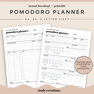 May include: A black and white printable planner with the text "pomodoro planner" and "Manage your time and be more productive." The planner is designed to help you track your daily productivity using the Pomodoro Technique.