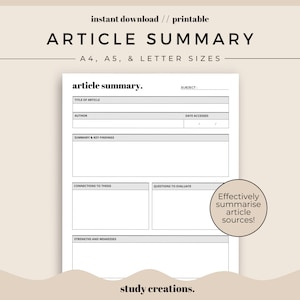 Article Summary Printable for Students | Research Paper | College Student | Project Planner | A4, A5, Letter Sizes | Instant Download