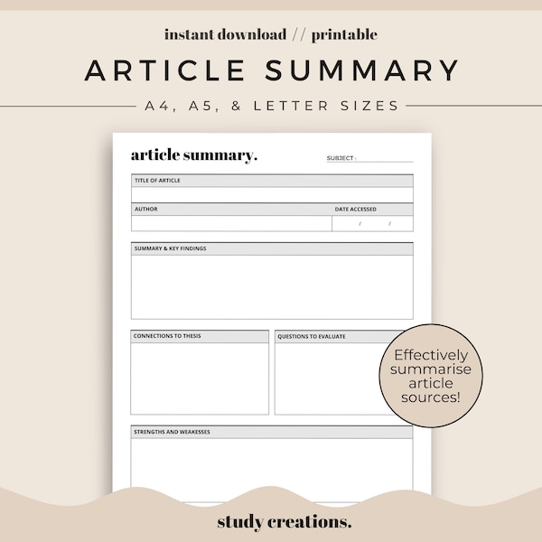free dissertation planner Article Summary Printable for Students | Research Paper | College Student | Project Planner | A4, A5, Letter Sizes | Instant Download