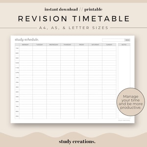 Revision Timetable Printable Set | Study Schedule | Weekly Timetable | Hourly Agenda | A4, A5 and Letter sizes | Instant Download