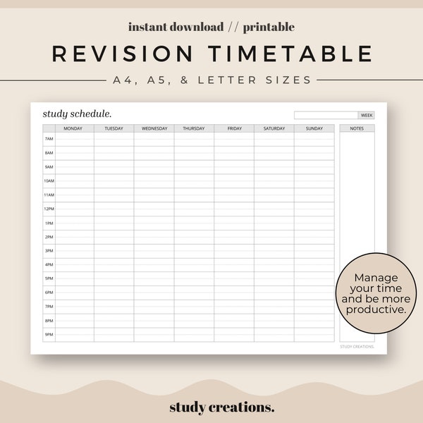 Revision Stundenplan Printable Set | Studienplan | Wochenplan | Stundenplan | A4, A5 und Letter Größen | Sofort Download