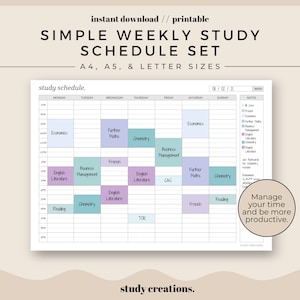May include: A printable weekly study schedule template in A4, A5, and letter sizes. The template is divided into seven days of the week, with time slots from 7 AM to 9 PM. Each day has a column for notes, and the subjects include Economics, Further Maths, Chemistry, Business Management, English Literature, French, CAS, TOK, and Reading.