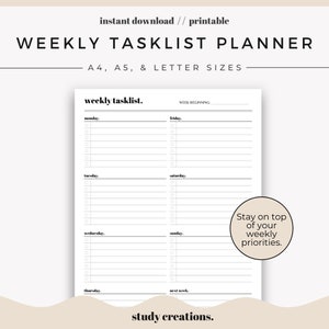Weekly Tasklist Planner Printable | Weekly Planner | To-Do List | Planner Insert | A4, A5 and Letter sizes | Instant Download