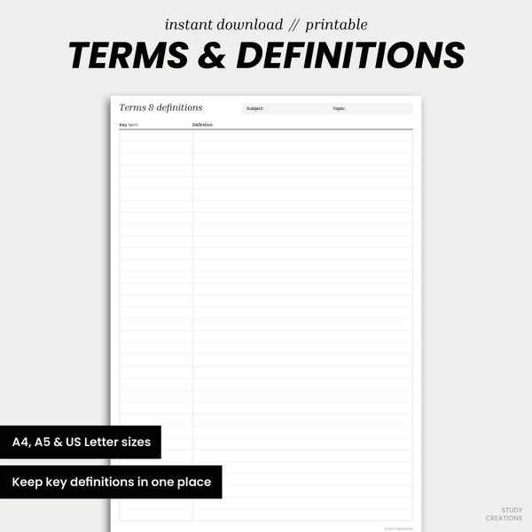 Terms & Definitions Printable | Key Terms | Student Printable | Revision Planner | Printable and Digital Planning | A4, A5, US Letter