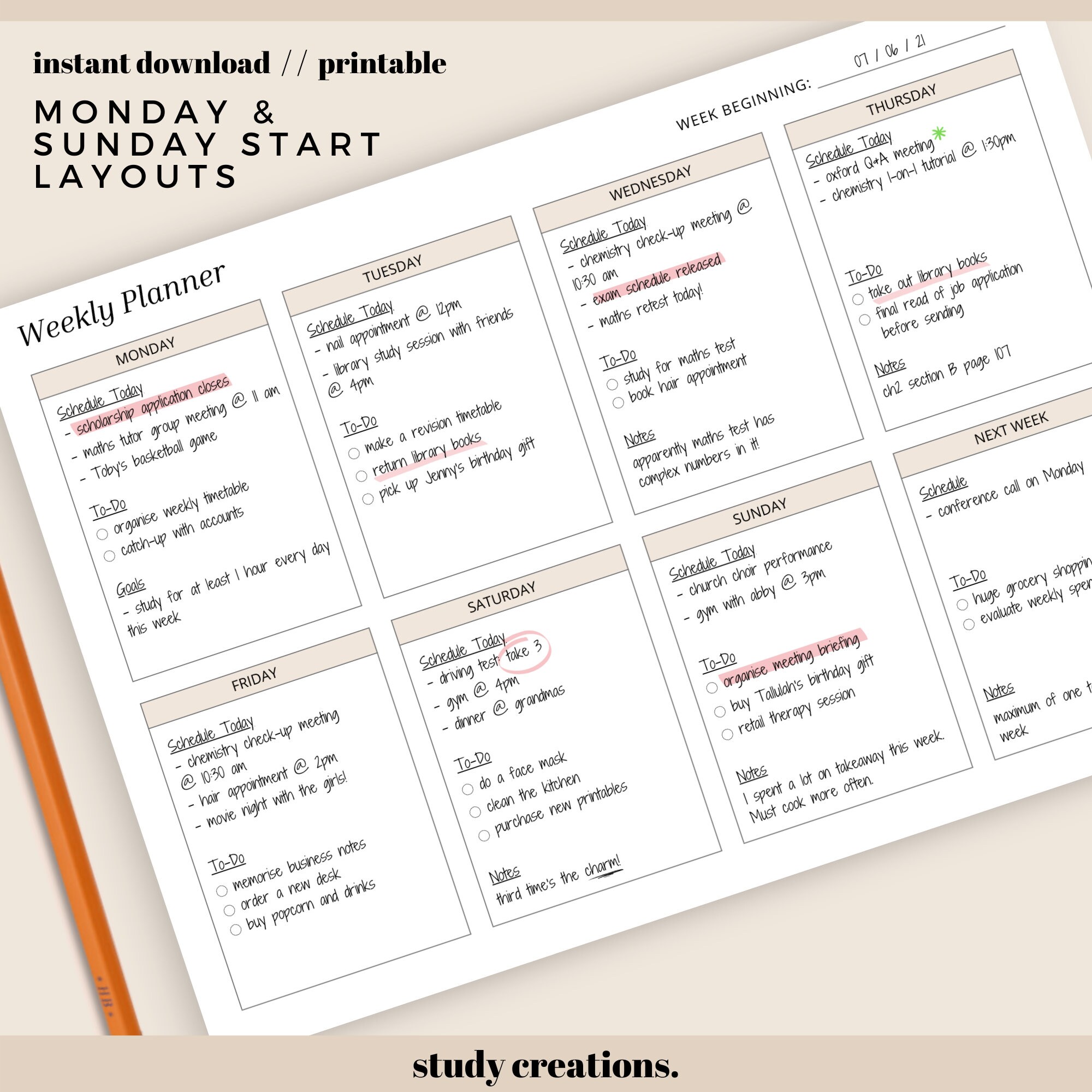 landscape weekly planner printable weekly planner to do etsy