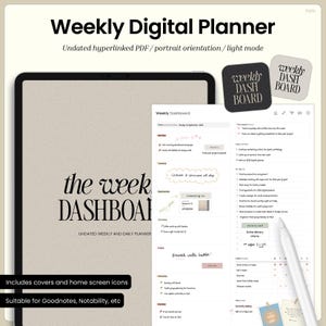 Op de afbeelding: Een digitale weekplanner-sjabloon voor de apps Goodnotes en Notability. De sjabloon heeft een beige achtergrond met een wekelijks dashboard, een dagelijkse planner en een to-do-lijst. De sjabloon is niet gedateerd en bevat covers en startscherm-pictogrammen.