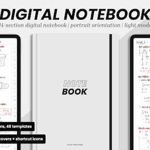 May include: A digital notebook app interface with the text "DIGITAL NOTEBOOK" and "NOTE BOOK" in black text on a white background. The app interface shows a gridded page with handwritten math equations and diagrams. The text "14 sections, 48 templates" and "BONUS: covers + shortcut icons" is displayed in red text on a white background.