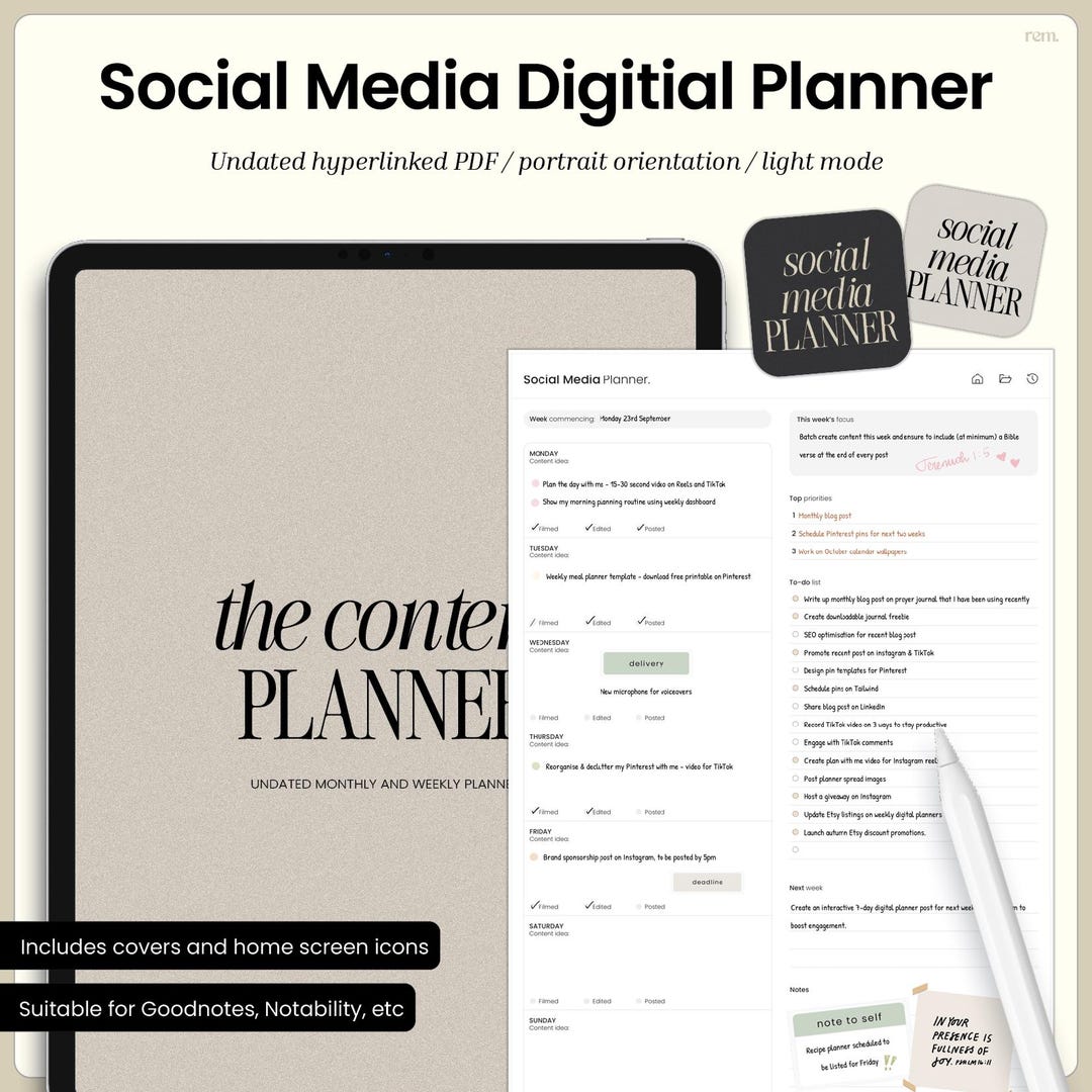 Social Media Digital Planner Social Media, Content Brand