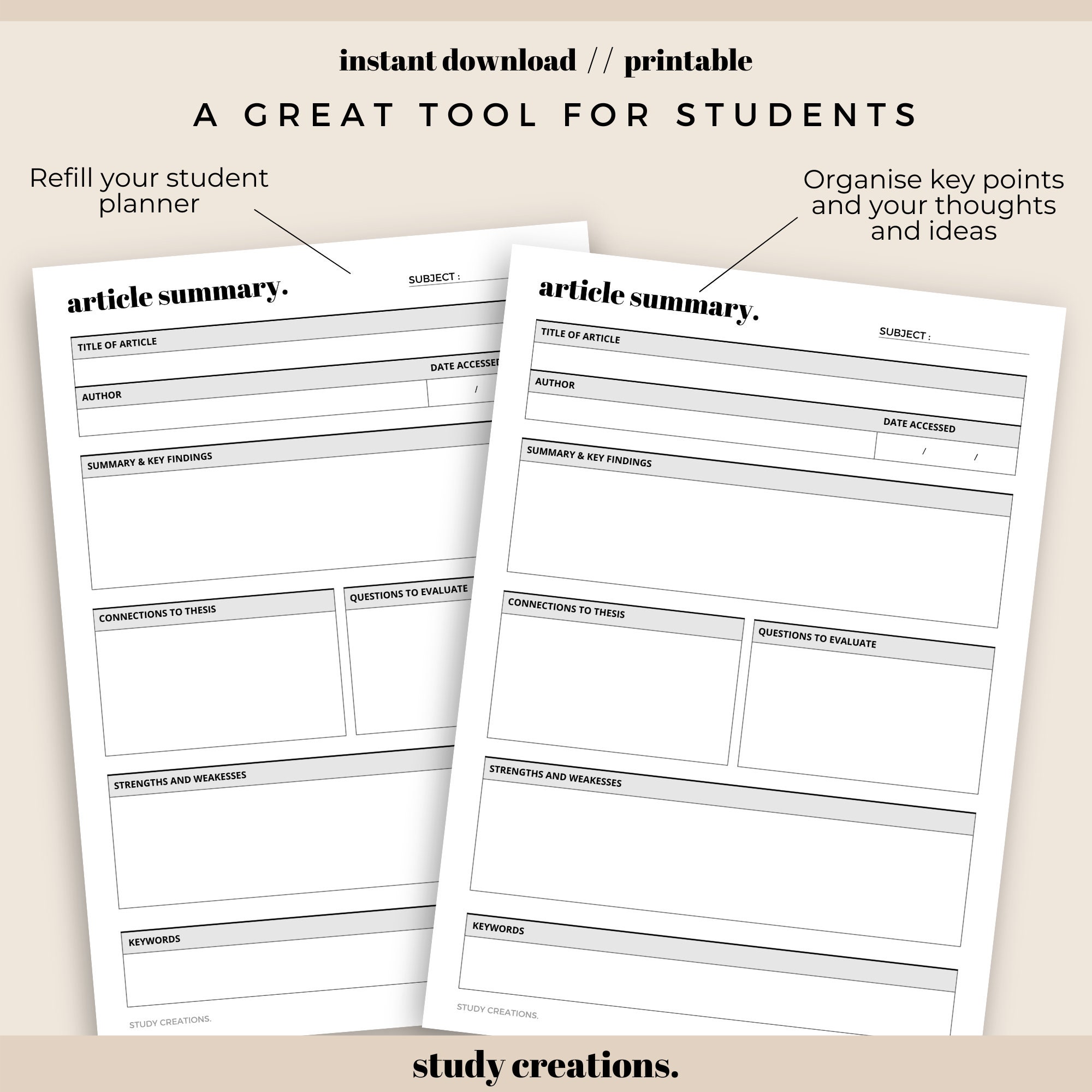 Article Summary Printable for Students Research Paper - Etsy