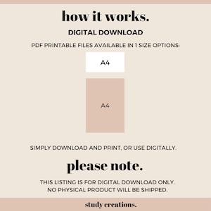 May include: Digital download of printable PDF files in A4 size. The text reads "how it works. DIGITAL DOWNLOAD PDF PRINTABLE FILES AVAILABLE IN 1 SIZE OPTIONS: A4 SIMPLY DOWNLOAD AND PRINT, OR USE DIGITALLY. please note. THIS LISTING IS FOR DIGITAL DOWNLOAD ONLY. NO PHYSICAL PRODUCT WILL BE SHIPPED. study creations."
