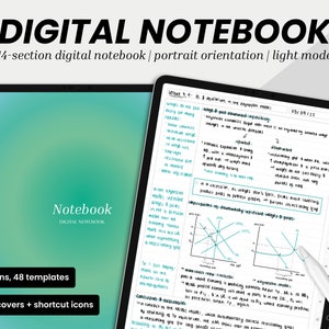 May include: A digital notebook with a light blue cover and the text "Notebook" in white. The notebook is open to a page with handwritten notes on economics, including a graph and the date "05/04/22". The notebook is designed for use with a stylus.