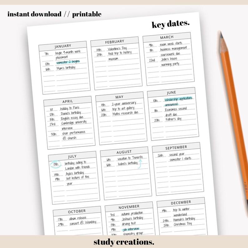 Summary of Key Dates | Important Dates | Yearly Planner | Year at a ...