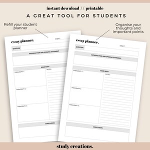May include: Printable essay planner template with two pages. Each page has sections for the question, introduction, main body, notes, paragraphs, and conclusion. The text "essay planner" is at the top of each page.
