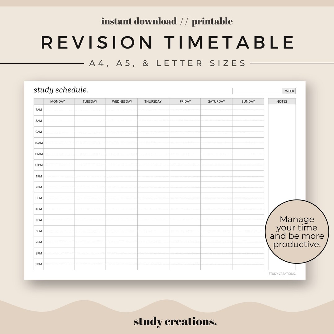 Revision Timetable Printable Set Study Schedule Weekly Timetable Hourly 