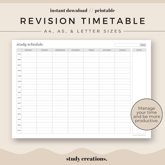 Revision Timetable Printable Set Study Schedule Weekly Etsy