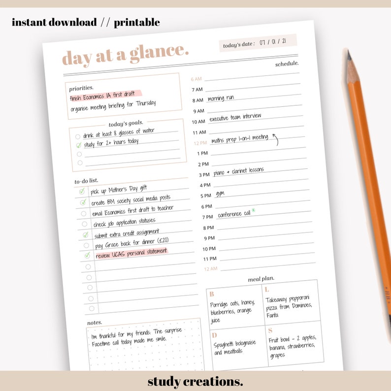Daily Planner Printable Day at a Glance Daily To-do List Hourly ...