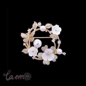 Broche de perlas auténticas/Broche de perlas de agua dulce/Broche de circonita/Regalo/Joya para ocasiones especiales/EG-05