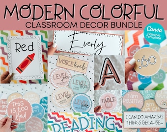 Modern Colorful Classroom Decor Bundle | Printable Classroom Posters | Bulletin Board Letters | Elementary School | Teacher | Boho Decor