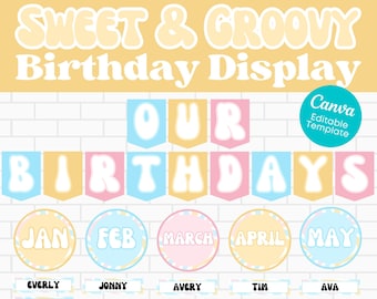 BEWERKBARE klasverjaardagsdisplay | Lief & Groovy | Verjaardagen | Basisschool | Leraar afdrukbaar | Hippe retro klaslokaalposters
