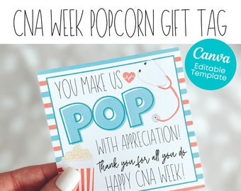 PRINTABLE You Make Us Pop With Appreciation Gift Tag | CNA Appreciation | Marketing Gift Tag | Health Care Gift | CNA Week | Popcorn Tag