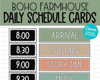 EDITABLE Daily Schedule Cards | Boho Farmhouse | Bulletin Board Posters | Elementary School | Teacher Printable | Printable Schedule Cards
