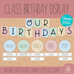 BEWERKBARE klasverjaardagsdisplay | Modern kleurrijk | Verjaardagen | Basisschool | Leraar afdrukbaar | Boho Rainbow klaslokaalposters