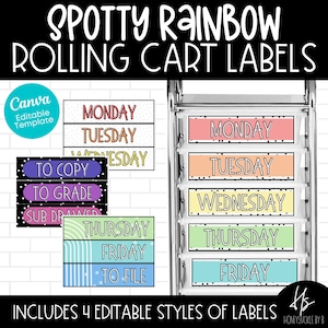 EDITIERBARE Rollwagen-Etiketten | Gefleckter Regenbogen | Lehrer-Wagen zum Ausdrucken | Grundschule | Bunter Regenbogen | Helle Regenbogen-Warenkorb-Etiketten