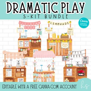 May include: A set of five printable play kits for children, featuring a variety of shops, including an ice cream shop, lemonade stand, pumpkin patch, flower shop, and apple market. Each kit includes signs, menus, and other decorations to create a fun and engaging play experience.