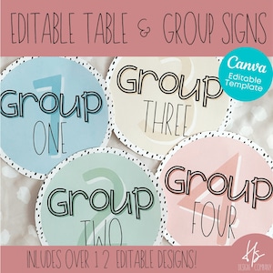 May include: Four colorful round table signs with black polka dots around the edges. Each sign has a white outline and black text that reads "Group One", "Group Two", "Group Three", and "Group Four". The signs are designed for use in a classroom or other group setting.