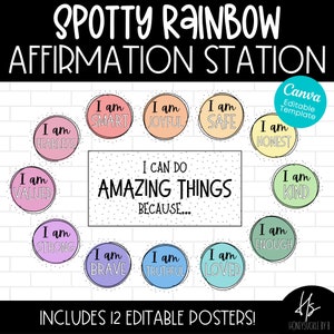 EDITABLE Affirmation Station Posters | Spotty Rainbow | Bulletin Board Display | Elementary School | Teacher | Classroom | Circle Mirror