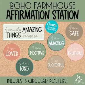 EDITABLE Affirmation Station Posters | Boho Farmhouse | Bulletin Board Display | Elementary School | Teacher | Classroom | Circle Mirror