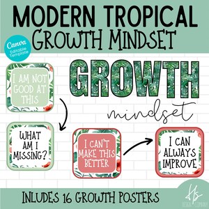 Carteles EDITABLES de mentalidad de crecimiento tropical moderno / Exhibición del tablón de anuncios / Escuela primaria / Maestro / Cartas en el aula / Tema tropical