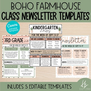 Plantillas EDITABLES de boletines de clase / Boho Farmhouse / Escuela primaria / Maestro imprimible / Plantilla Canva / Regreso a la escuela / Carta de noticias