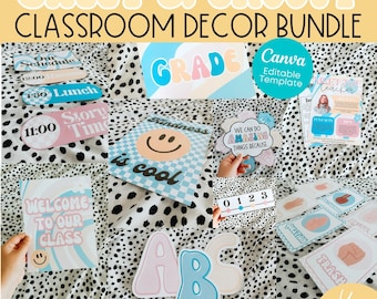 Può includere: Un set di decorazioni per la classe a tema groovy. Il set include poster, cartelli e altre decorazioni per la classe in stile retrò con colori rosa, blu e giallo. Il testo sui poster include "Benvenuti nella nostra classe", "Ora delle storie", "La gentilezza è fantastica", "Possiamo fare cose incredibili perché" e "Classe".