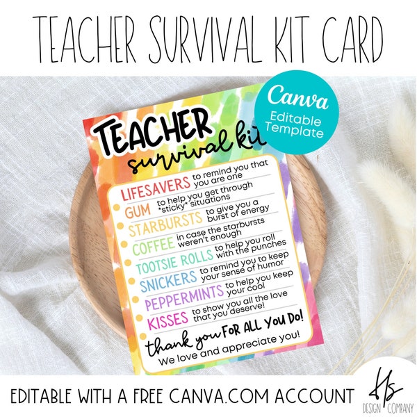 EDITABLE Teacher Survival Kit Card | Teacher Appreciation Week | Education | Teacher Gift | School Teacher Week | Teacher Survival Kit