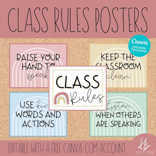 Carteles EDITABLES de reglas del aula / Carteles de tablón de anuncios imprimibles / Escuela primaria / Profesor imprimible / Reglas de clase / Plantilla Canva