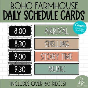 Tarjetas de horario diario EDITABLES / Boho Farmhouse / Carteles del tablón de anuncios / Escuela primaria / Profesor imprimible / Tarjetas de horario imprimibles