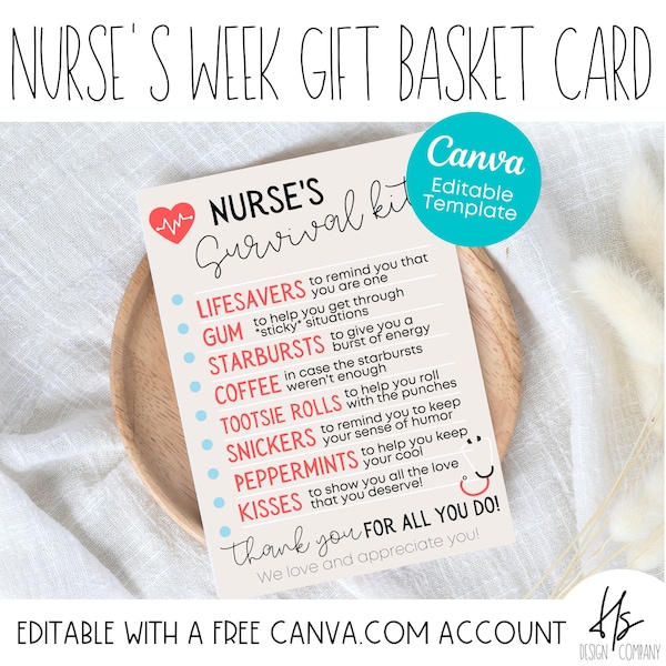 EDITABLE Nurse's Survival Kit Card | Nursing Home | Nurse Appreciation | Marketing | Health Care Gift | Nurse's Week | Nurse Survival Kit