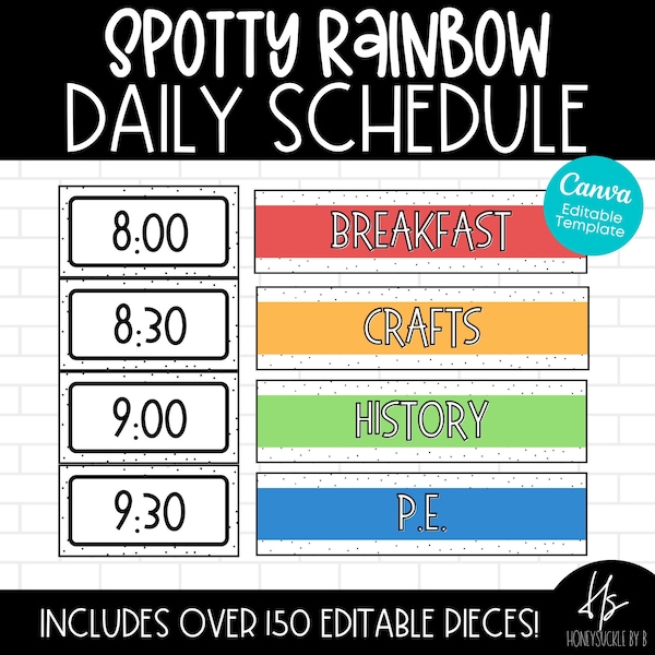 EDITABLE Daily Schedule Cards | Spotty Rainbow | Bulletin Board Posters | Elementary School | Teacher Printable | Colorful Schedule Cards