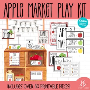 May include: A printable play kit for kids featuring an apple market theme. The kit includes over 80 printable pieces, such as signs, price tags, and food items. The signs include phrases like "We're Open", "Farm Fresh Apples", "Apple Juice", and "Apple Market Order Form".