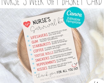 May include: A Nurse's Week gift basket card with the text "Nurse's Survival Kit". The card includes a list of items like Lifesavers, Gum, Starbursts, Coffee, Tootsie Rolls, Snickers, Peppermints, and Kisses. The card is on a wooden plate.